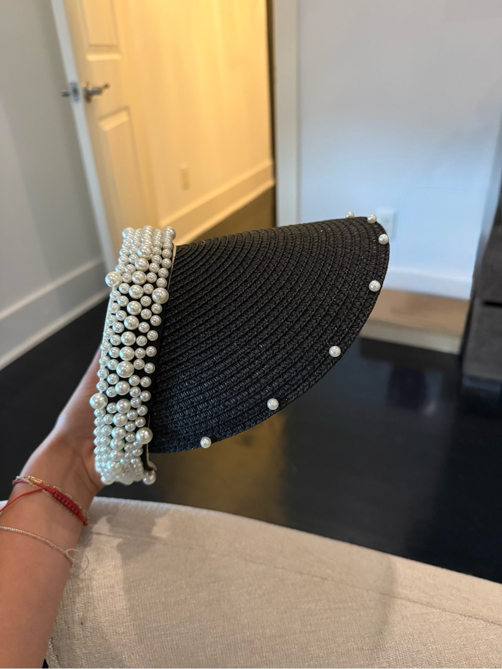 Pearl-Embellished Black Straw Headband